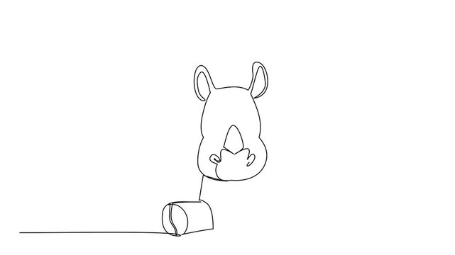 Animated self drawing of single line drawing a chubby rhino sitting front view, a wildlife concept for cute wild animals cartoon sitting, designed for nursery prints. Full length single line animation