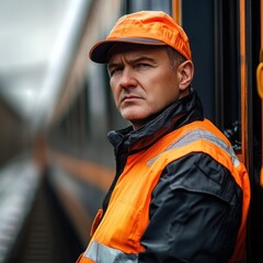 A man in an orange and black high-visibility jacket and cap, standing next to a train, with a blurred train in the background.