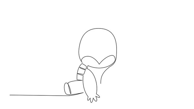 Animation of one line drawing of cute baby tortoise sitting with domed shell and tiny feet, a concept for cute wild animals cartoon, ideal for stickers and playful kids branding. Full length motion