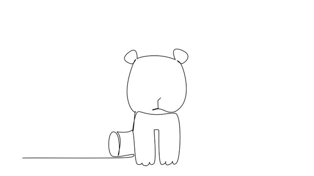 Animated self drawing of one line draw of a cute baby panda sitting with round patches and small ears, cute wild animals cartoon sitting, ideal for stickers branding. Full length single line animation