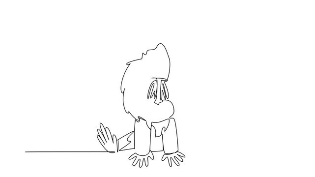 Self drawing animation of single line draw of cute baby mandrill sitting with fluffy mane and gentle hands, ideal for nursery posters, stickers, and playful kids brand. Full length animated