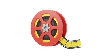 3D Vintage Film Reel with Strip of Yellow Film on transparent background