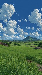 Obraz premium Anime style summer meadow under cumulus clouds for phone wallpaper