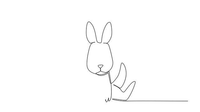 Self drawing animation of one line drawing of cute baby kangaroo sitting with long ears and small pouch, ideal for nursery posters, stickers, and cheerful kids branding. Full length animated