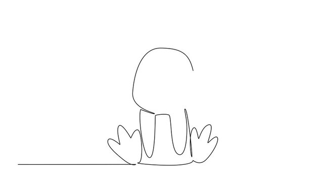 Animated self drawing of one line drawing of a cute baby penguin sitting with tiny beak and flippers, a cute wild animals cartoon sitting, ideal for kids branding. Full length single line animation
