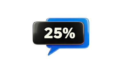 3D 25% discount percentage in speech bubble icon on transparent background
