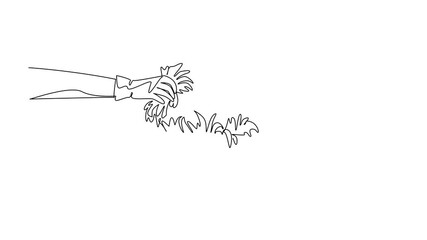 Animated self drawing of single line drawing of a gloved human hand placing pulled weeds into a bucket, nature concept for yard care, themed for National Weed Your Garden Day. Full length animation