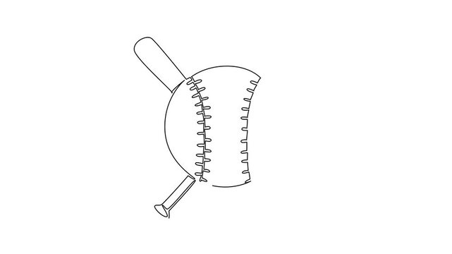 Animation of continuous line drawing of a softball with crossed bats emblem, sports concept for league branding, for World Softball Day celebrating tournaments, clubs, fans. Full length motion
