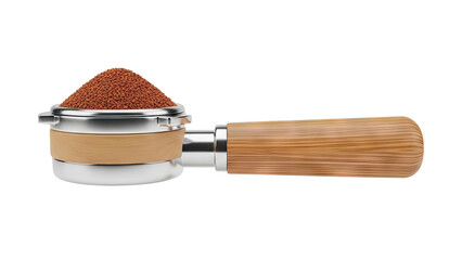 3D Espresso machine portafilter with coffee grounds and wooden handle on transparent background