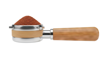 3D Espresso machine portafilter with coffee grounds and wooden handle on transparent background