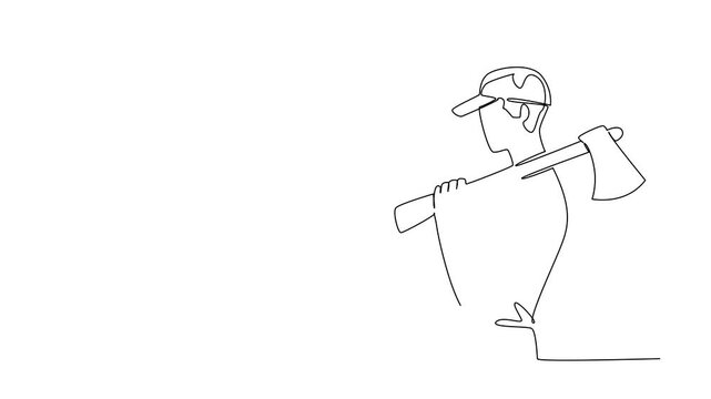 Self drawing animation of one line drawing of a man carrying an axe on his shoulder, sports concept for international event, International Axe Throwing Day promoting leagues. Full length animated