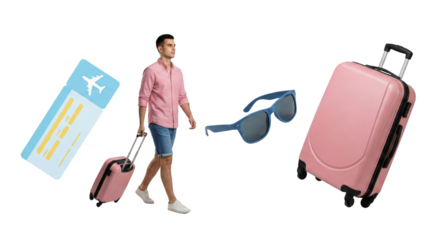 Travel enthusiast with pink suitcase and travel essentials isolated on black background