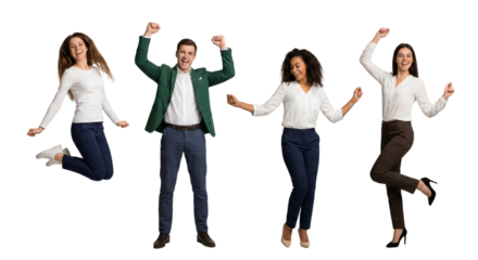 Energetic group of diverse young professionals jumping joyfully isolated on a transparent background
