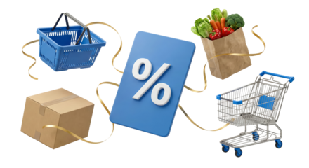 online shopping discount promotion concept with shopping carts and fresh produce isolated on black