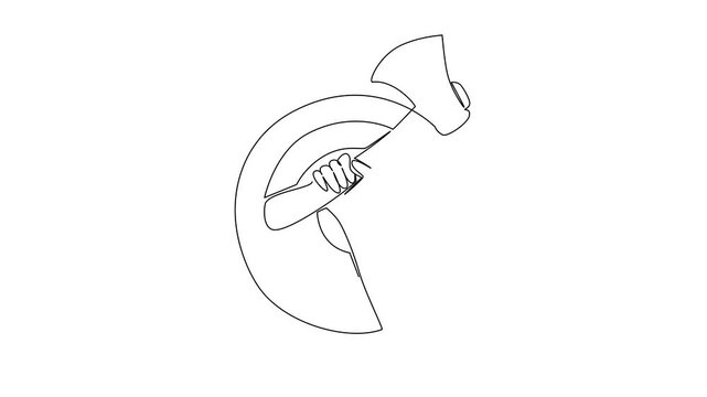 Self drawing animation of one line drawing of a human hand holding an axe across a bullseye target, sports concept for competitive recreation, International Axe Throwing Day. Full length animated