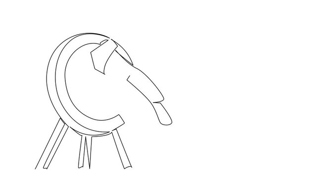 Animated self drawing of continuous line drawing of a tripod target with multiple axes embedded after throw, sports for recreational competition. International Axe Throwing Day. Full length animation