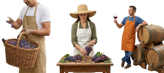wine tasting event with people handling grapes and wine on isolated transparent background