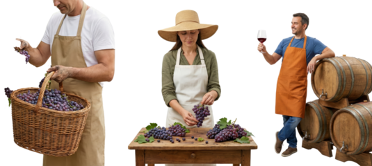 wine tasting event with people handling grapes and wine on isolated transparent background