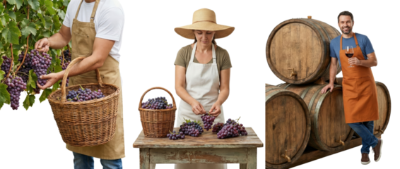 people harvesting grapes in vineyard with barrels and wine glasses isolated transparent background