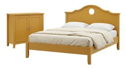 modern wooden bed with matching bedside cabinet isolated on black background