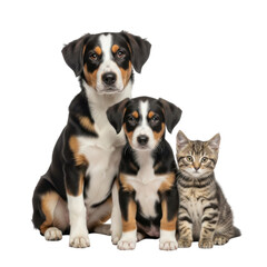 Three adorable pets sitting together isolated on transparent background
