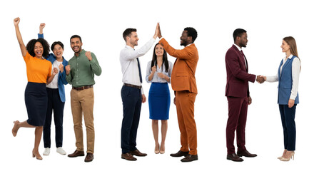 Diverse group of professionals celebrating successful teamwork on isolated transparent background