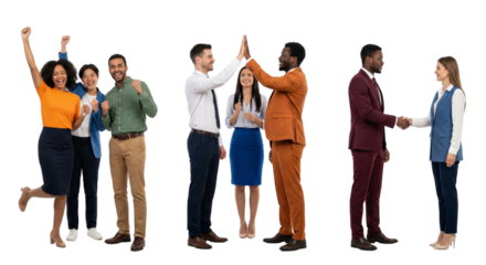 Diverse group of professionals celebrating successful teamwork on isolated transparent background