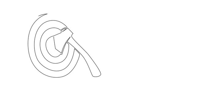 Self drawing animation of single line drawing of a hatchet embedded in a bullseye round wooden axe throwing target with rings for scoring, sports, International Axe Throwing Day. Full length animated