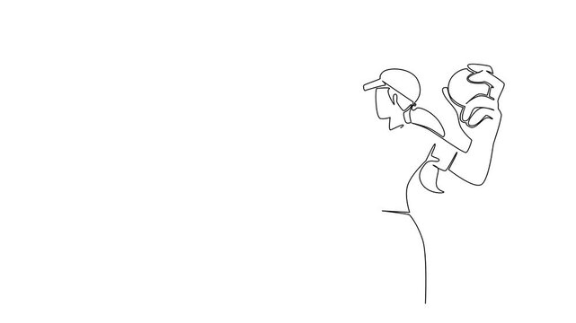 Animated self drawing of one line drawing of a woman pitcher winding up with ball and glove, sports concept for athletic performance, themed for World Softball Day participation. Full length animation