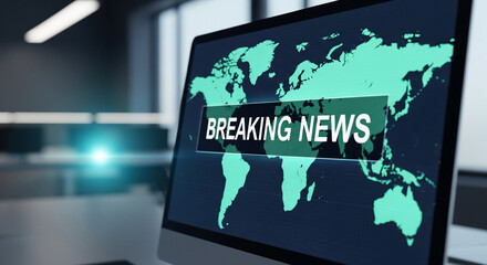 Global news unfolding on a computer screen with a world map and breaking news alert.