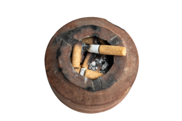 Used Cigarettes in a Clay Ashtray: The Harmful Habit of Smoking and Its Impact on Health and Environment on Transparent Background.