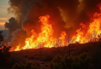 Obraz premium Devastating Wildfire Erupting Through Parched Forest Area Flames Intense Smoke Evoke Alarm