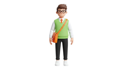 3D Cartoon Character Boy with Glasses and Messenger Bag on transparent background