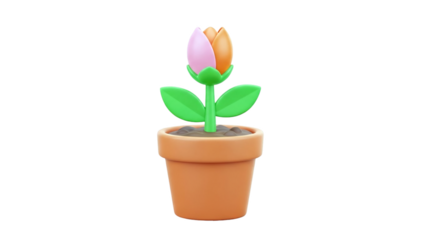3D cartoon flower in a pot with pink and orange petals on transparent background
