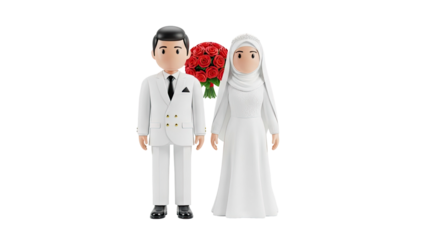 3D Cartoon Muslim Wedding Couple with Roses on transparent background