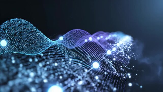 Abstract blue and purple wave pattern with glowing dots on a dark background