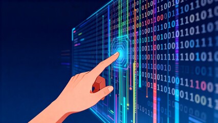 Hand interacting with digital binary code