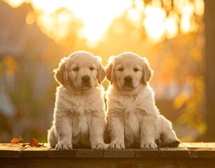 Two fluffy golden retriever puppies sit outdoors, bathed in warm sunlight