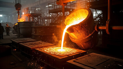 Dynamic spectacle of glowing molten metal pouring into casting molds within a bustling industrial foundry, showcasing heavy industry and metalworking production