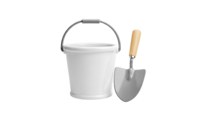 3D Gardening tools: white bucket and hand trowel on transparent background