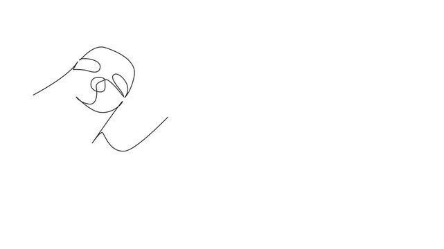 Animated self drawing of continuous line drawing of an animal, a smiling sloth waving the paw, a nature concept related to an international event Say Hi Day celebration. Full length animation