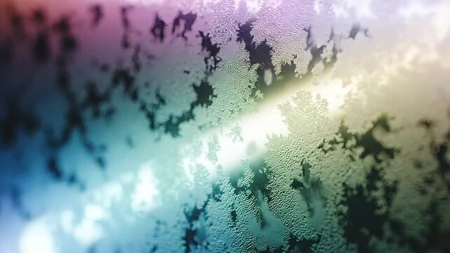 Abstract frosty pattern on glass with soft rainbow light filtering through