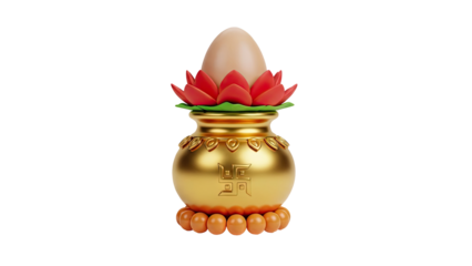 3D Golden Kalash with Swastika and Egg on Lotus on transparent background