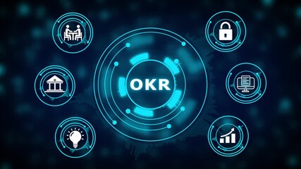 Objectives and Key Results OKR icons and abstract digital interface with glowing circles and bokeh effect Keywords: OKR, objectives and key results, goals, strategy, performance, business - Powered by Adobe
