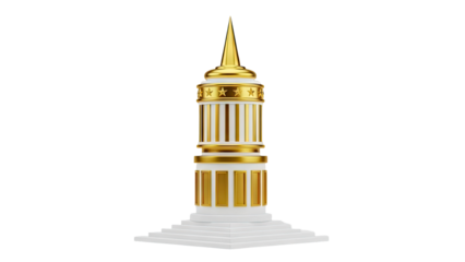 3D Golden Monument Spire with Stars and Pillars on Steps on transparent background