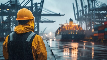 Worker observing cargo ship in rainy port