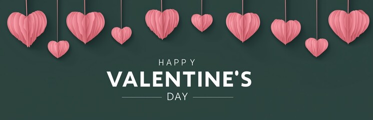 Hanging pink papercraft hearts decorate a dark green background with Happy Valentine's Day text and copy space