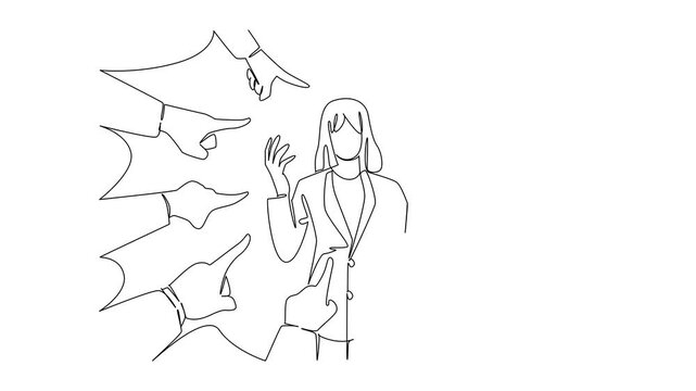 Animation of continuous line drawing of a businesswoman with raised, open hands, looking distressed, surrounded by pointing hands blaming her. National Blame Someone Else Day. Full length motion