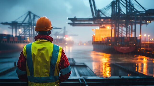Worker observing busy shipping port at dusk.