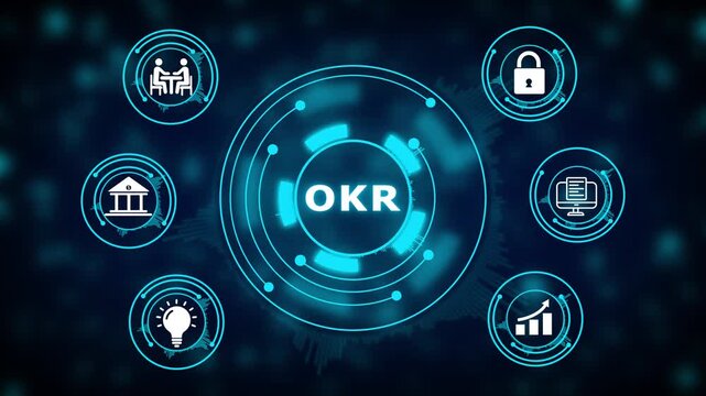 Objectives and Key Results OKR icons and abstract digital interface with glowing circles and bokeh effect Keywords: OKR, objectives and key results, goals, strategy, performance, business